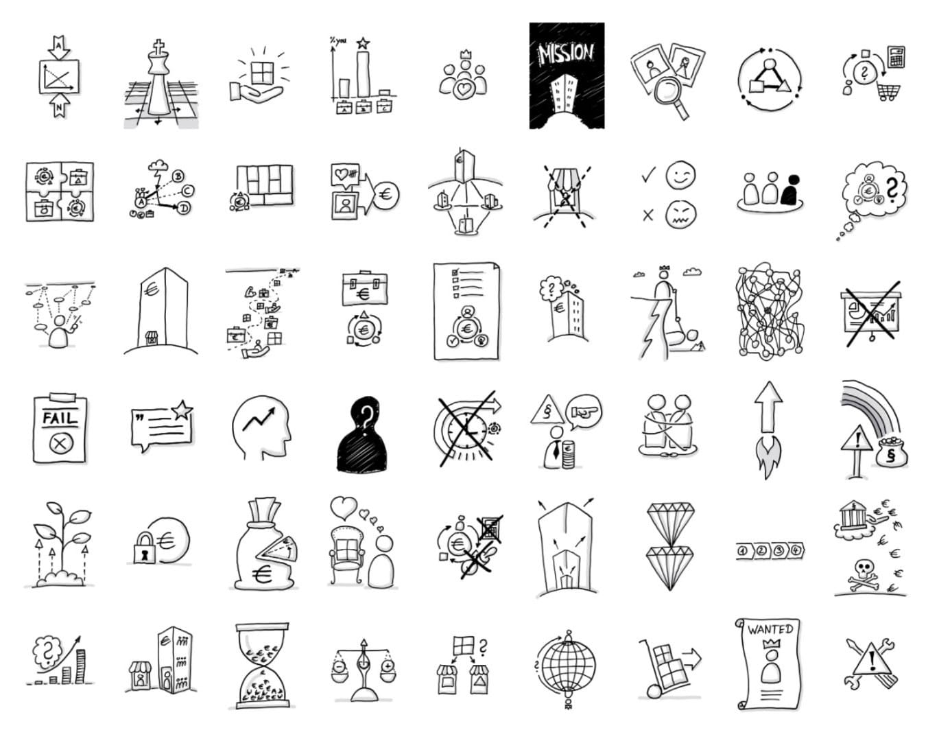 Business Sketchnotes Collage - 53 Illustrationen zu Geschäftsmodellen, Entrepreneurship und strategischen Konzepten